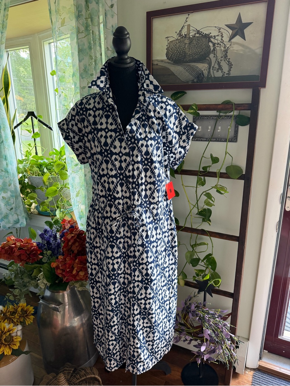 Badgley Mischka Navy and White Printed Midi Shirt Dress